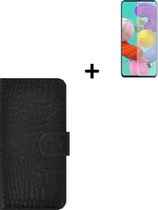 Samsung Galaxy A72 Hoesje - Samsung Galaxy A72 Screenprotector - Samsung A72 Hoes Wallet Bookcase Croco Zwart + Screenprotector