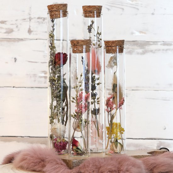 Comforder Droogbloemen in Glas - Gedroogde Bloemen Boeket met Vaas - Set van 4 - Inclusief Vaas - In Fles - Valentijn Cadeau