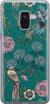 Samsung Galaxy A8 2018 siliconen hoesje - Vogels Japanse bloemen - Soft Case Telefoonhoesje - Blauw - Bloemen