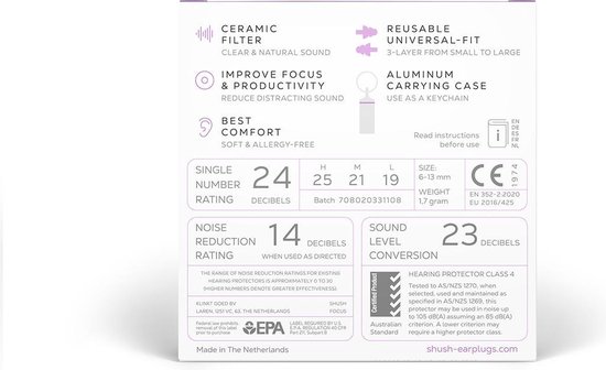 Shush Focus Earplugs - Minder Afleiding - Betere Concentratie - Hogere Productiviteit - Voor kantoor of studeren - Oordoppen met keramisch filter (SNR 24 dB) - Meer dan 365x herbruikbaar