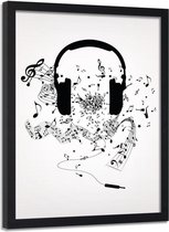 Foto in frame , Koptelefoon met muziek ​, 70x100cm , Zwart wit  , Premium print