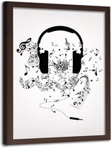 Foto in frame , Koptelefoon met muziek ​, 70x100cm , Zwart wit  , Premium print