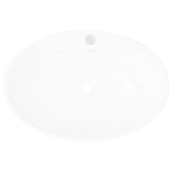 Lavabo ovale en céramique blanc avec trop-plein et trou pour robinet.