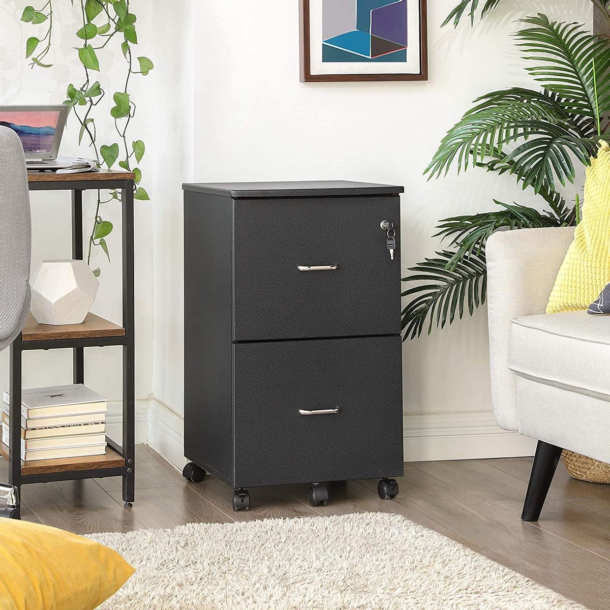 Classeur Mobile 4 Tiroirs Avec Serrure - Rangement Bureau A4, Support Imprimante, Roulettes, 104x35x65,5 Cm (Noir)