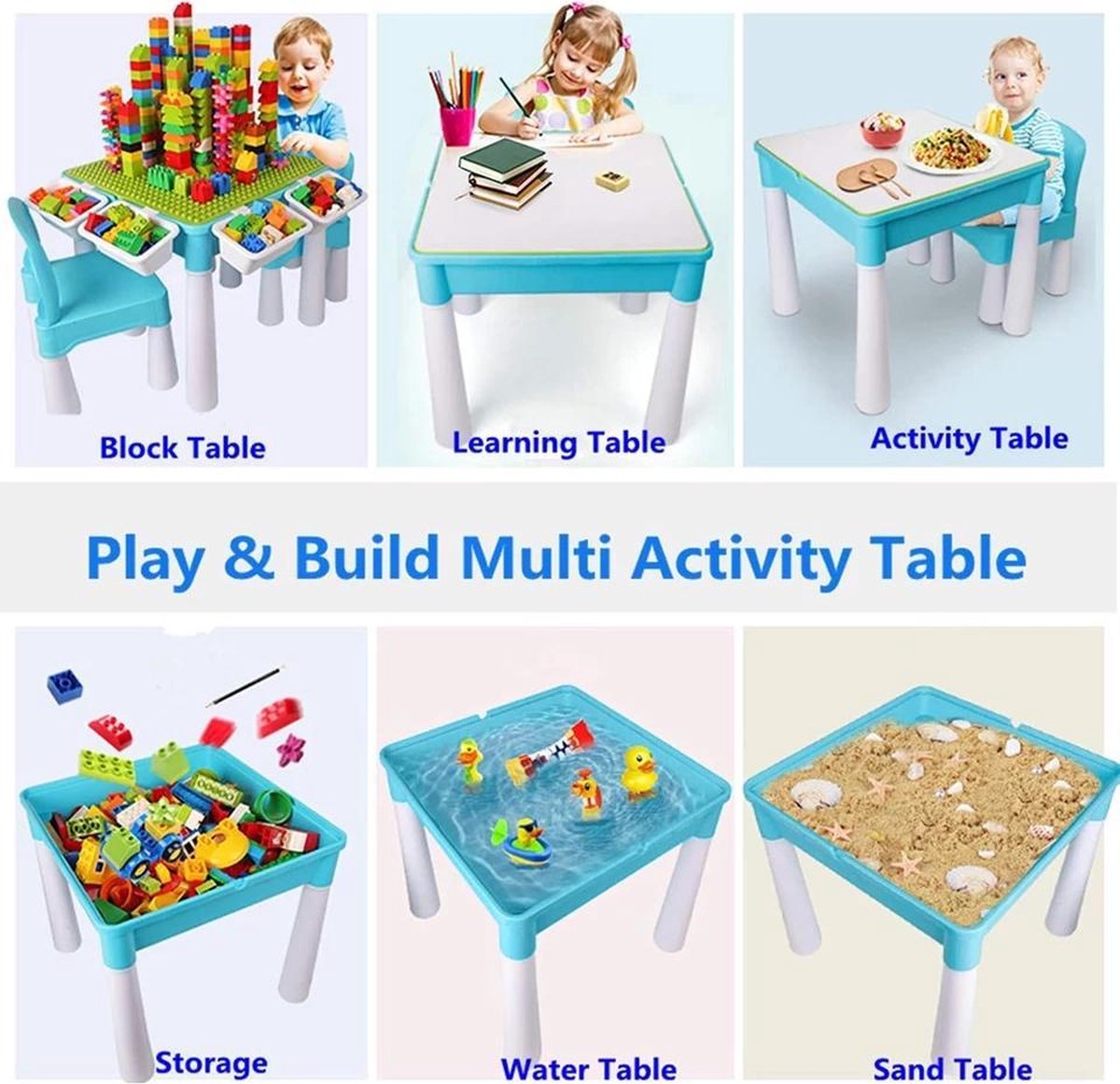 Kids 5-in-1 Multi-activiteit Tafel - 128 stuks Grote Bouwstenen Compatibel stenen Speelgoed, Speeltafel inclusief 1 Stoel en Bouwsteentafel met Opslag, Groene Grondplaat (Blauw)