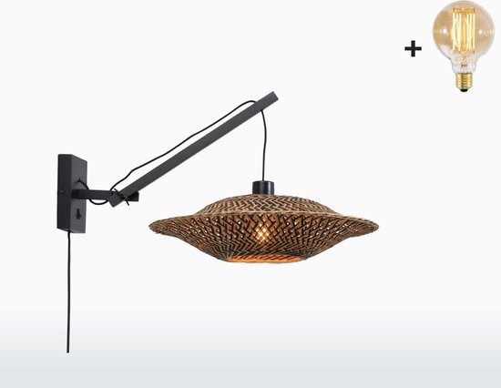 Wandlamp BALI met Korte Arm - Zwart Bamboe - Bruine Kap (44x12cm) - Met LED-lamp