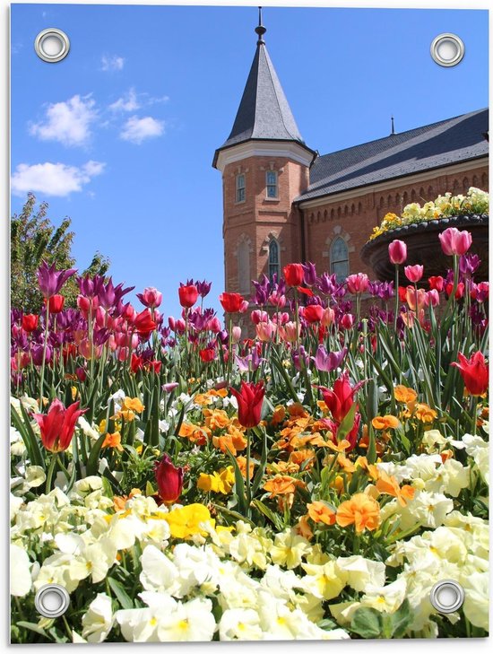 Tuinposter – Mooi Veld met Gekleurde Bloemen met een Mooi Kasteel op de Achtergrond - 30x40cm Foto op Tuinposter  (wanddecoratie voor buiten en binnen)