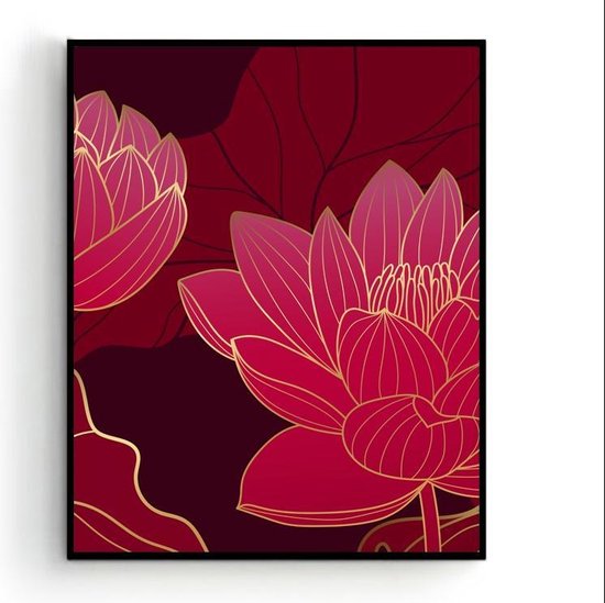 Poster Rood Gouden Lotus Middel - 80x60cm - Planten / Bloemen - Muurdecoratie