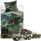 Dekbedovertrek Leger Tank- Army Combat- 1persoons- 140x200- Dekbed Jongens- 100% katoen, incl. Military set , Landrover met aanhangwagen