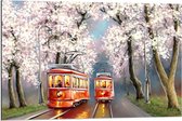 Dibond - Geschilderde Rode Tram - 90x60cm Foto op Aluminium (Wanddecoratie van metaal)