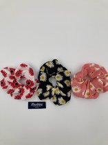 BroVari Scrunchies - Set - Bloemen - Rood/Zwart/Rose - 3 stuks - Met Lint