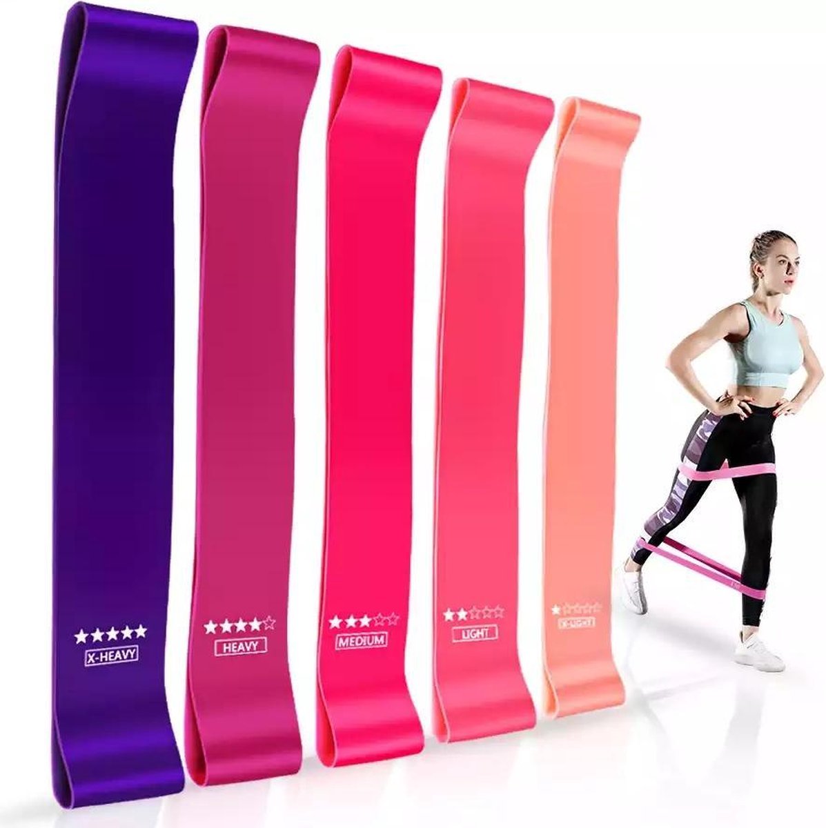 Weerstandsbanden Set - 5 stuks - Resistance band - Fitness Elastieken - Muscle Bands - Fitnessbanden - Inclusief Opbergzakje en Schema met Oefeningen