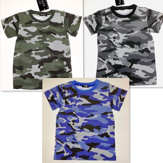 S&C t-shirt met camouflage / army print - set van 3 - groen/blauw/grijs - maat 98