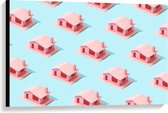 Canvas  - Roze Huisjes met Blauwe Achtergrond - 90x60cm Foto op Canvas Schilderij (Wanddecoratie op Canvas)