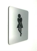 Deurbordje - WC bordje - WC - Toiletbord - Bordje - RVS Look - Pictogram - Dames – Hoge Nood - Vrouw - Zelfklevend – 10 cm x 12 cm x 1,6 mm - 5 Jaar Garantie