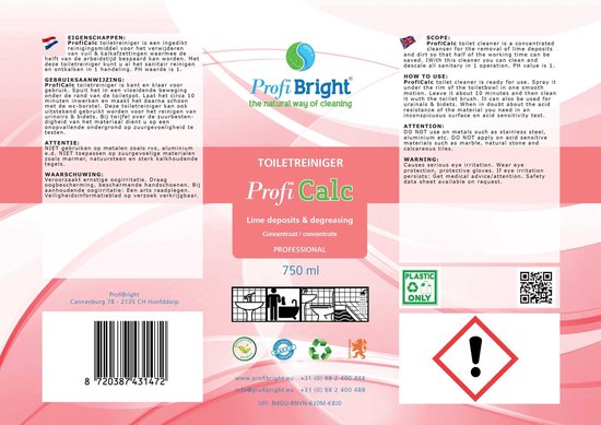 ProfiBright - Zakelijk - Toiletreiniger ProfiCalc - Geen bleek - Dierproefvrij - Concentraat - Ontkalker - Kalkverwijdaar - 750 ml