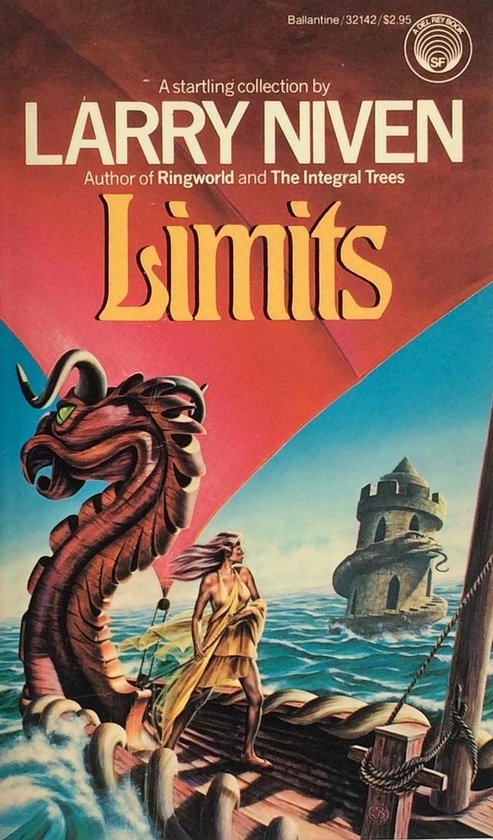 Boekomslag van "Limits" van Larry Niven met een draak, een vrouw en een toren op zee.