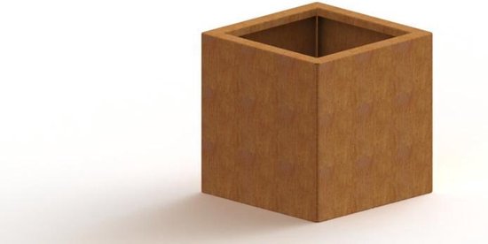 Vierkante plantenbak van roestkleurig cortenstaal, leeg, met open bovenkant.