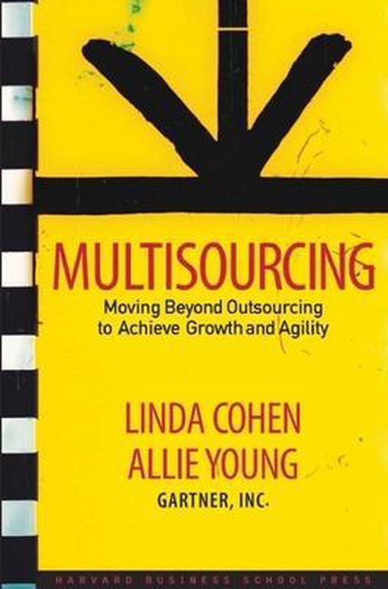 Boek "Multisourcing" met gele kaft, zwarte tekst, en een zwart-wit gestreepte rand aan de linkerkant.