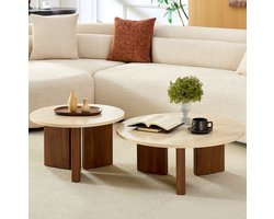 Home-Heaven® Salontafel Rond warm Travertin look met Bruin Hout – Set Van 2 Ø76cm & Ø58cm