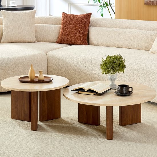 Home-Heaven® Table basse ronde look travertin chaud avec bois brun – Set Van 2 Ø76cm & Ø58cm