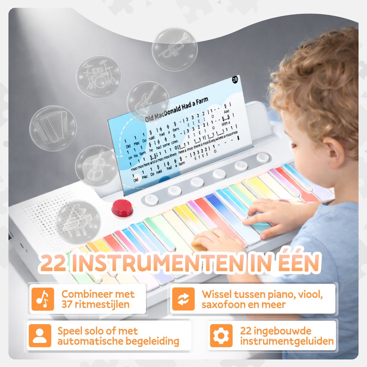 Keyboard voor Kinderen – Educatieve Speelgoed Piano met 37 Oplichttoetsen – Keyboard Piano Kind – 87 Liedjes & 22 Instrumentgeluiden – Educatief Speelgoed Instrument — afbeelding 3