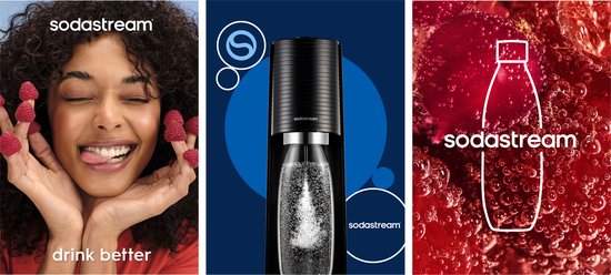 Compositie met een lachende vrouw met frambozen op haar vingers, een Sodastream Terra en een close-up van bubbels.