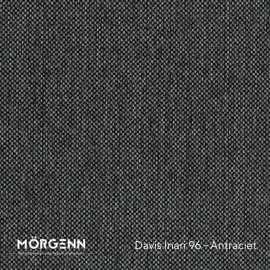 Donkergrijs stof met een fijn geweven patroon, met Mörgenn logo en tekst: Davis Inari 96 - Antraciet.