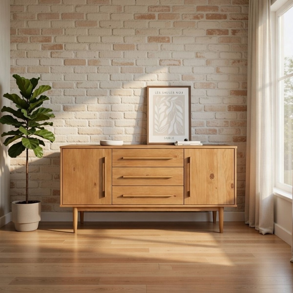 Massief Houten Dressoir met 2 Deuren en 3 Laden – 145 cm Eikenlook Opbergkast voor Woonkamer, Hal of Eetkamer – Modern Landelijk Sideboard met Verstelbare Planken en Metalen Ladegeleiders – NoviHome