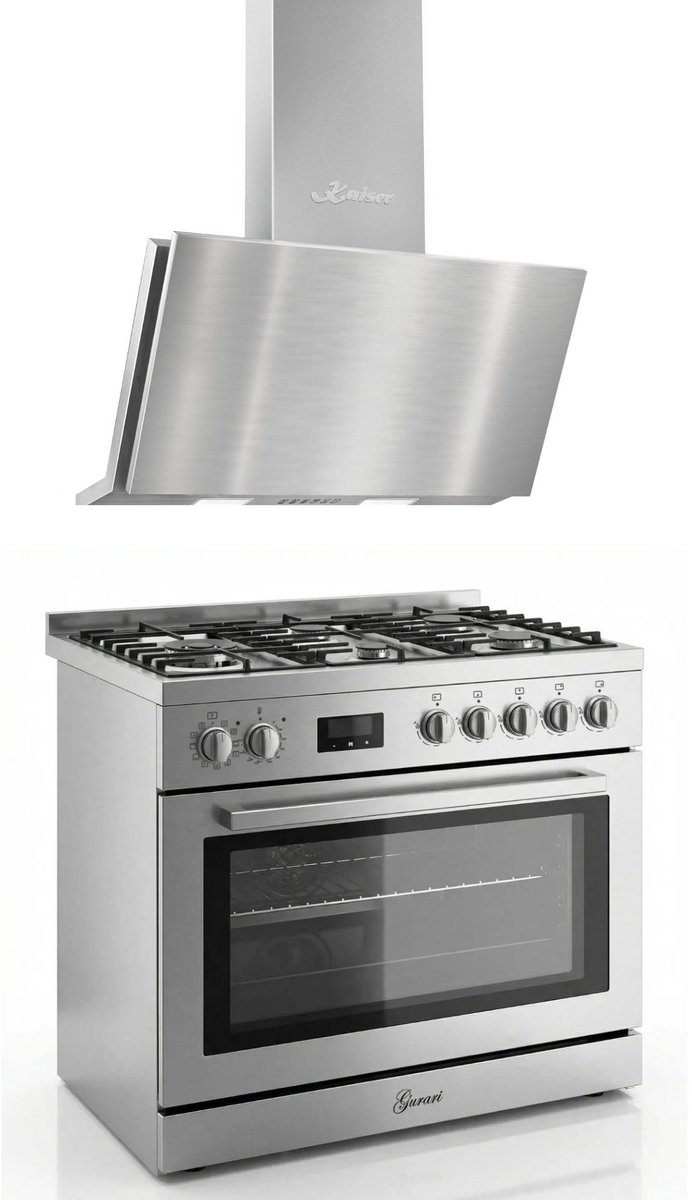 Gasfornuis Roestvrij staal Gas Elektro Fornuis 90 cm 126 L Aardgas Fl.Gas 4 Kw WOK, Zelfreinigend GCH E 818 X + Afzuigkap 90 cm AT 9455 N ECO, 1250m³/h
