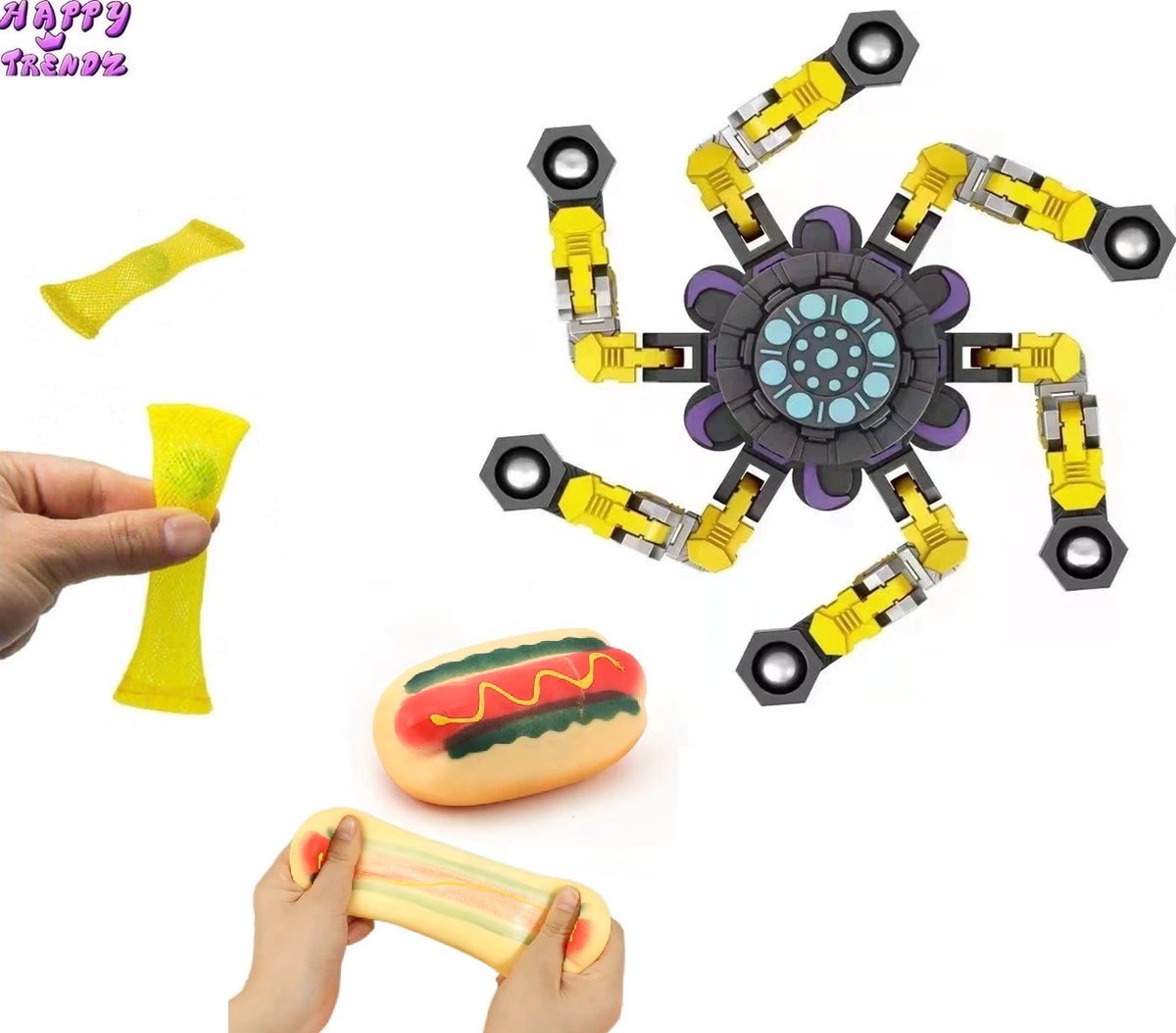 Happy Trendz® | Squishy HotDog + Mesh Marble + Wacky Track Spinner - Totaal 3 stuks - Fidget Cube - Speelgoed Jongens & Meisjes - Hoogsensitiviteit - HSP - Super Cadeau Kleur Geel - Stress Relief Kinderen - Volwassenen - Mystery Kleuren