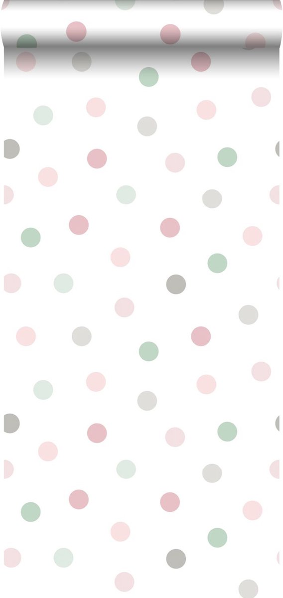 Proefstaal Walls4You behang grote stippen groen, roze en grijs - 26,5 x 21 cm - 935316-S