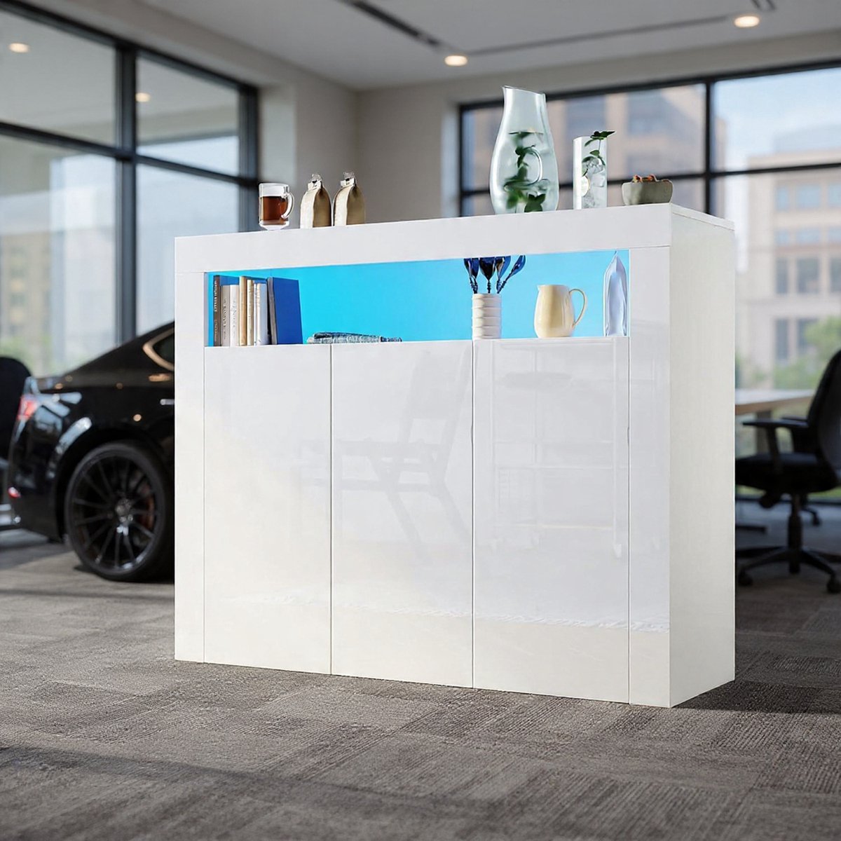 sideboard wit hoogglans, 3 deuren zonder handgrepen design commode met LED voor hal slaapkamer keuken 116x93x35cm (B x H x D)-NoviHome