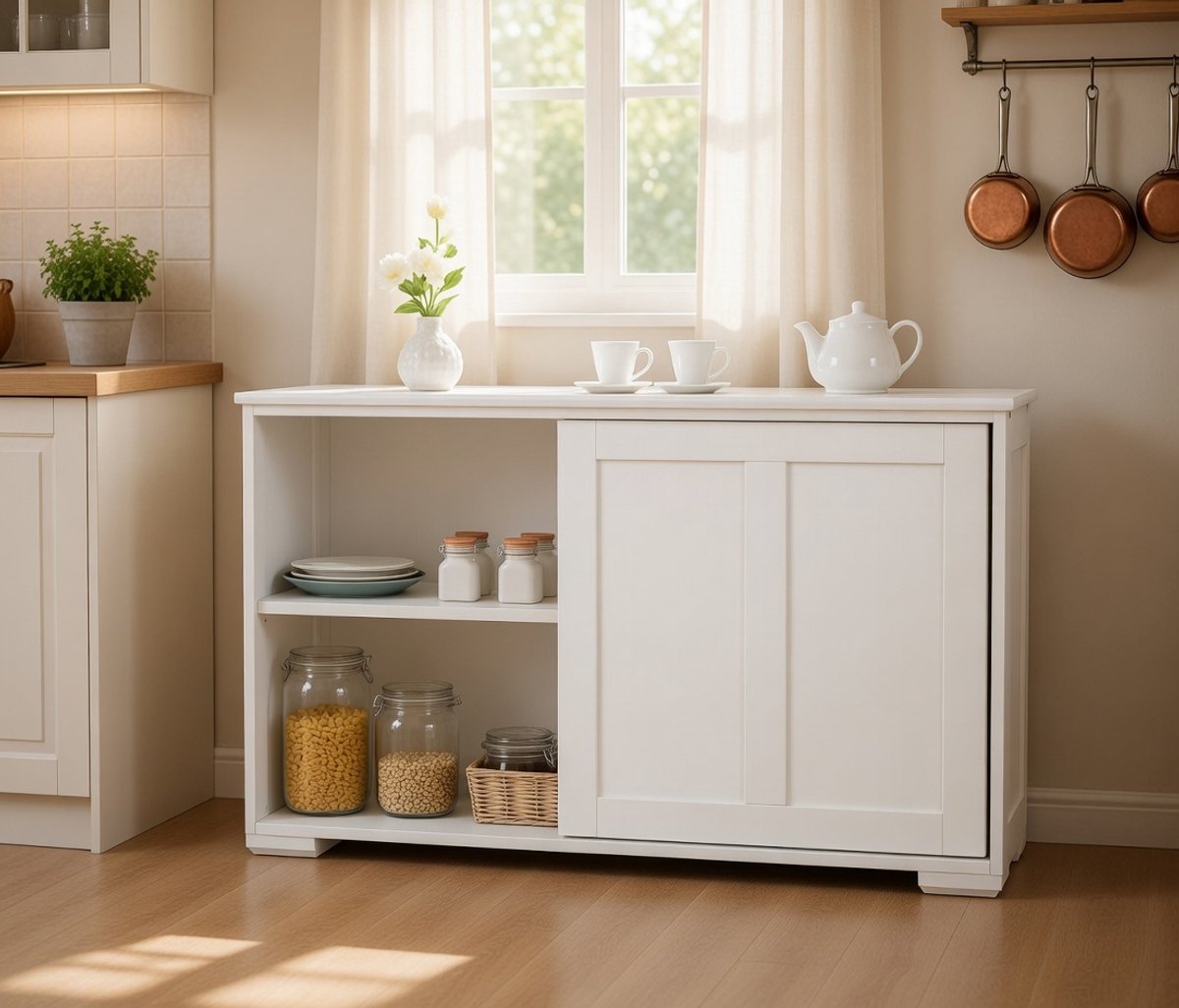 Multifunctioneel Sideboard met Schuifdeuren en Verstelbare Plank – Buffetkast, Opbergkast en Keukenkast – Crèmewit Hout 107x33x60 cm – Moderne Bijzetkast voor Woonkamer, Eetkamer en Keuken NoviHome