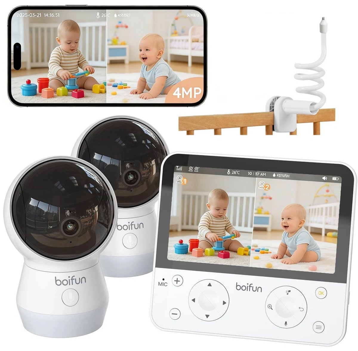 BOIFUN Babyfoon met camera - Baby Monitor met 2 Camera's - met Babyfoon Houder - Babyfoon met Camera en App - AI-detectie (Slapen op de Buik en Gezichtsgebied) - Nachtlampje - 5.5 Inch Scherm - Video & Audio
