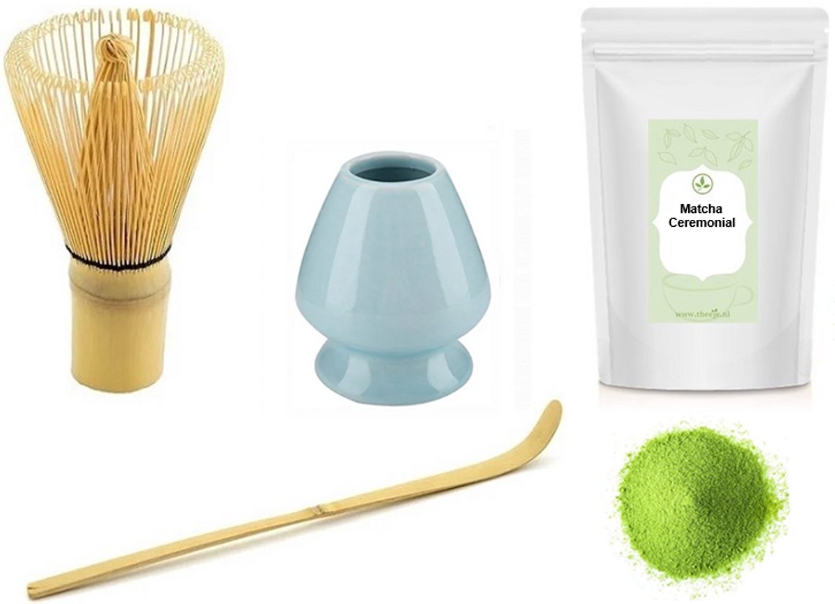 Matcha thee set compleet - Matcha Klopper & bamboe maatschep - Chasen Houder Blauw - Japanse Theeceremonie - Inclusief Theeje 15 gram Japanse Matcha Ceremonial Poeder - Set van 4