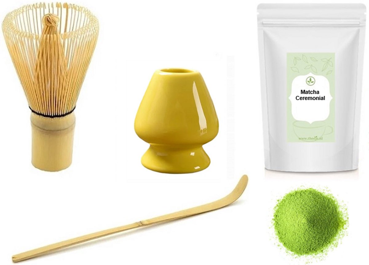Matcha thee set compleet - Matcha Klopper & bamboe maatschep - Chasen Houder Geel - Japanse Theeceremonie - Inclusief Theeje 15 gram Japanse Matcha Ceremonial Poeder - Set van 4