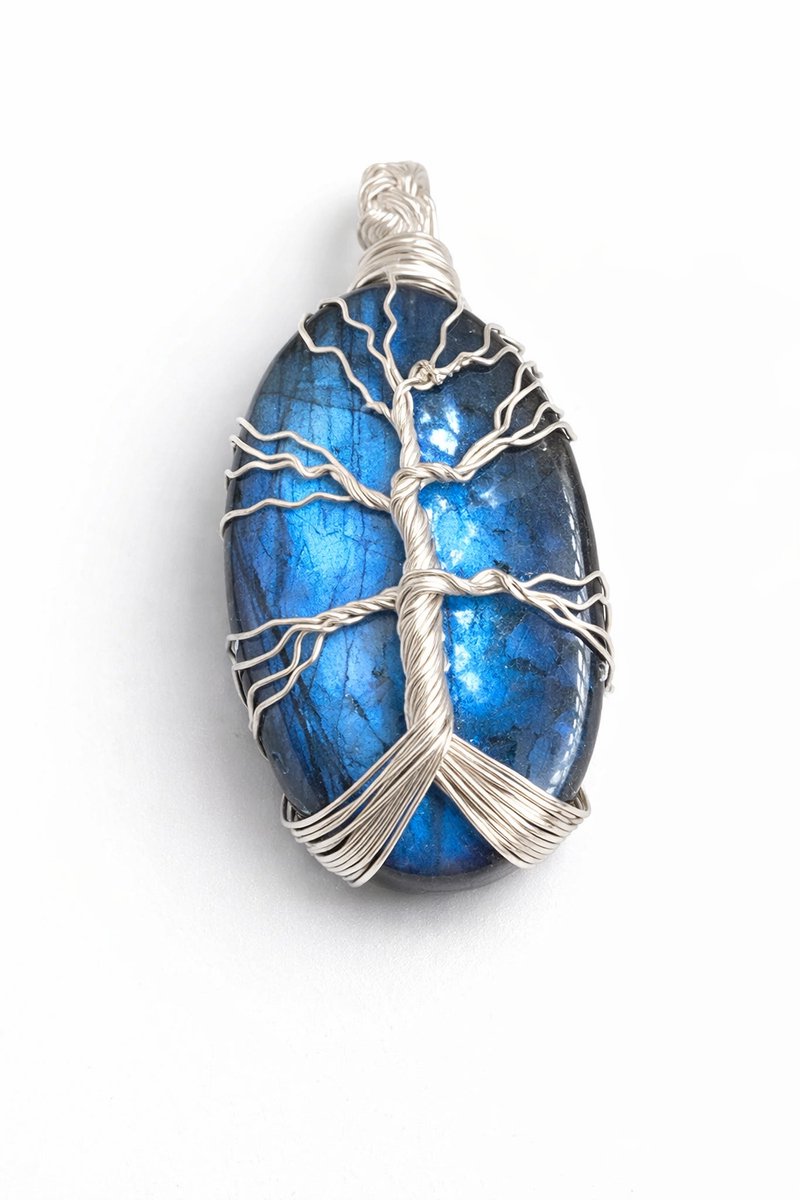 925 Zilveren Labradoriet Hanger – Levensboom (Tree of Life) – Blauwe Flash – 20x30 mm
