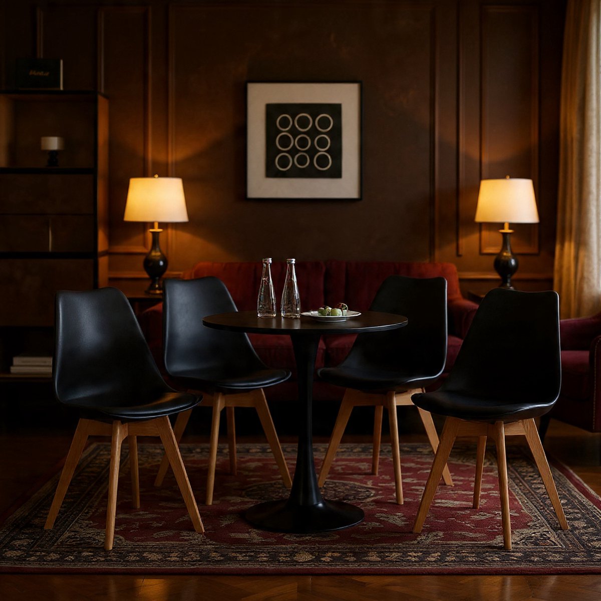Scandinavische Eetkamerstoelen Set van 6 – Moderne Design Stoelen met Massief Houten Poten – Ergonomische Kuipstoelen met Kunstleer Zitting – Zwart – 47 x 40,5 x 83 cm – Novihome