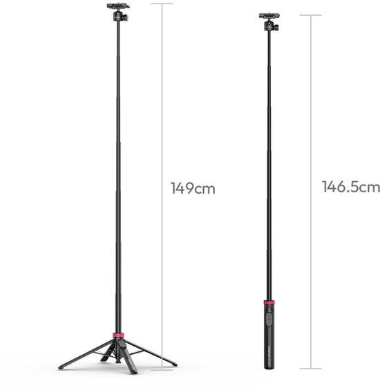 Twee uitgeschoven Ulanzi statieven, 149cm en 146.5cm lang, met rode accenten.