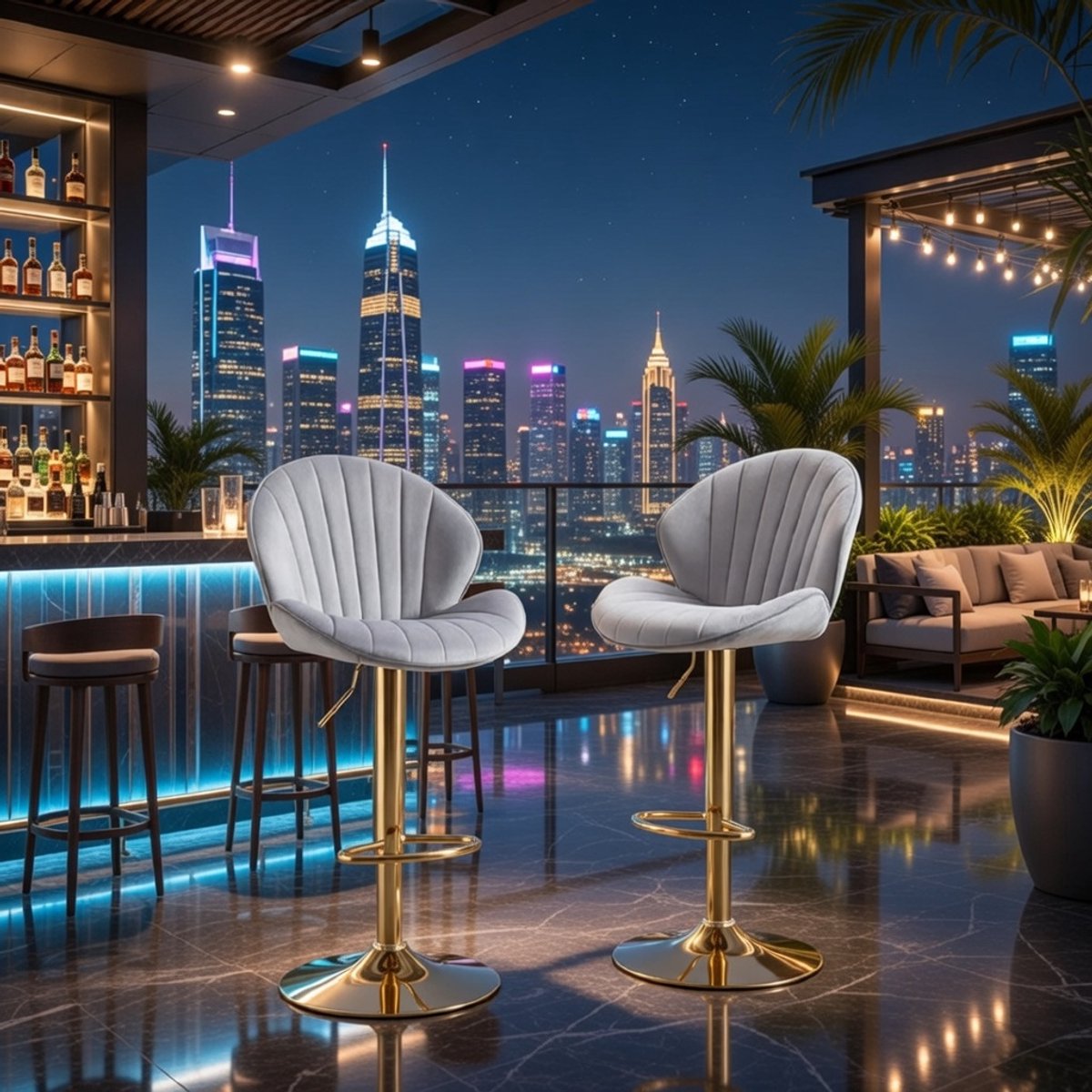 Luxe Fluwelen Barkrukken Set van 2 – Draaibare, Hoogte Verstelbare Barstoelen met Voetensteun – Moderne Grijze Keukenkrukken met Gouden Metalen Frame Casa Serena – Afmetingen op aanvraag – Casa Dorada