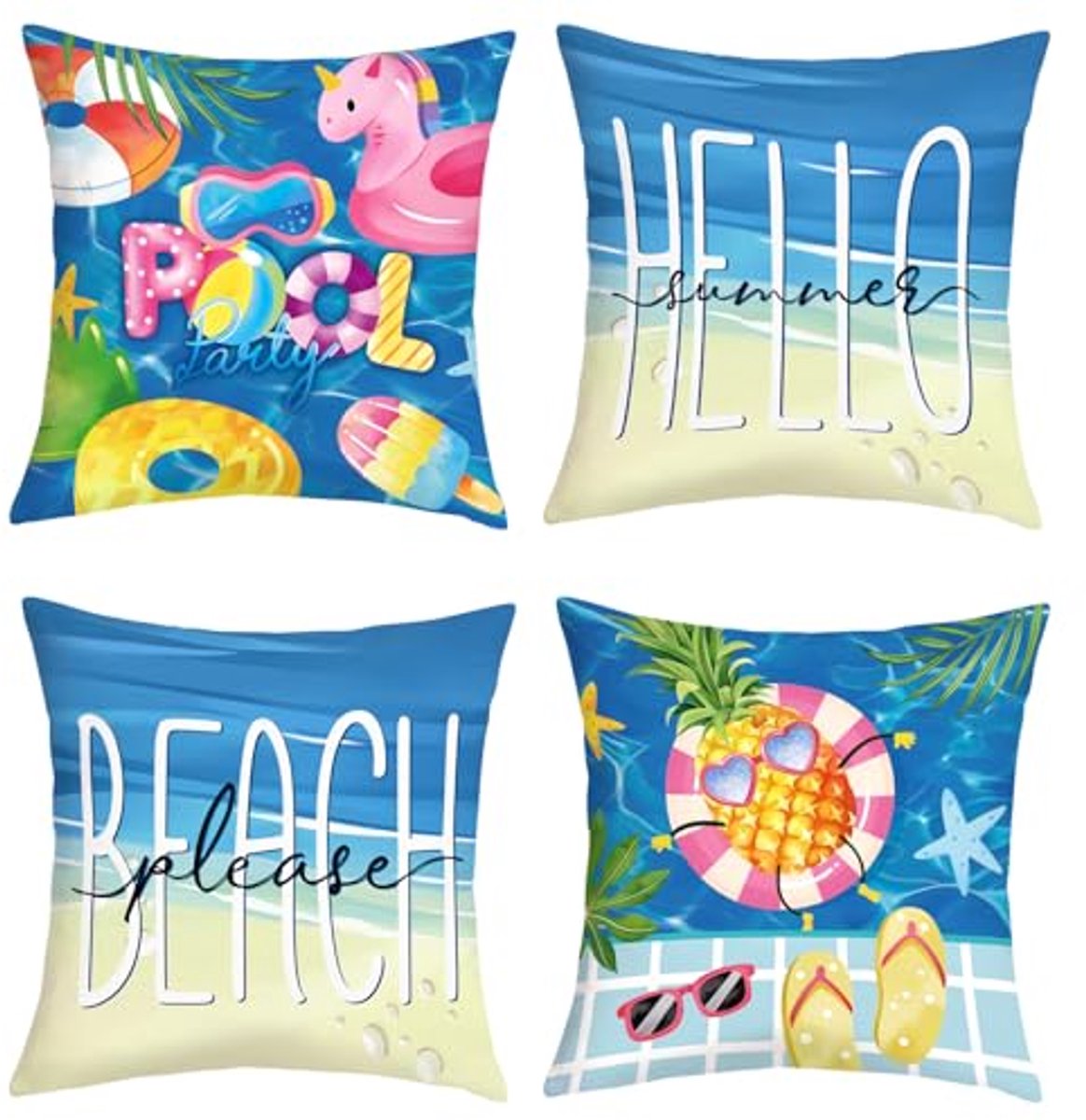 Ultiluxe® Kussenhoezen - 4 Stuks - Sierkussenslopen - Decoratieve Kussenhoes - 45 x 45 cm - Fluweel Stof - Strand Zomer Print - Blauw/beige