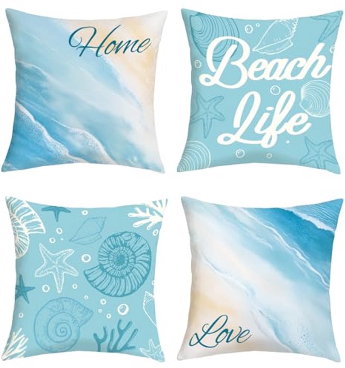 Ultiluxe® Kussenhoezen - 4 Stuks - Sierkussenslopen - Decoratieve Kussenhoes - 45 x 45 cm - Fluweel Stof - Schelp Strand Print - Blauw/Wit