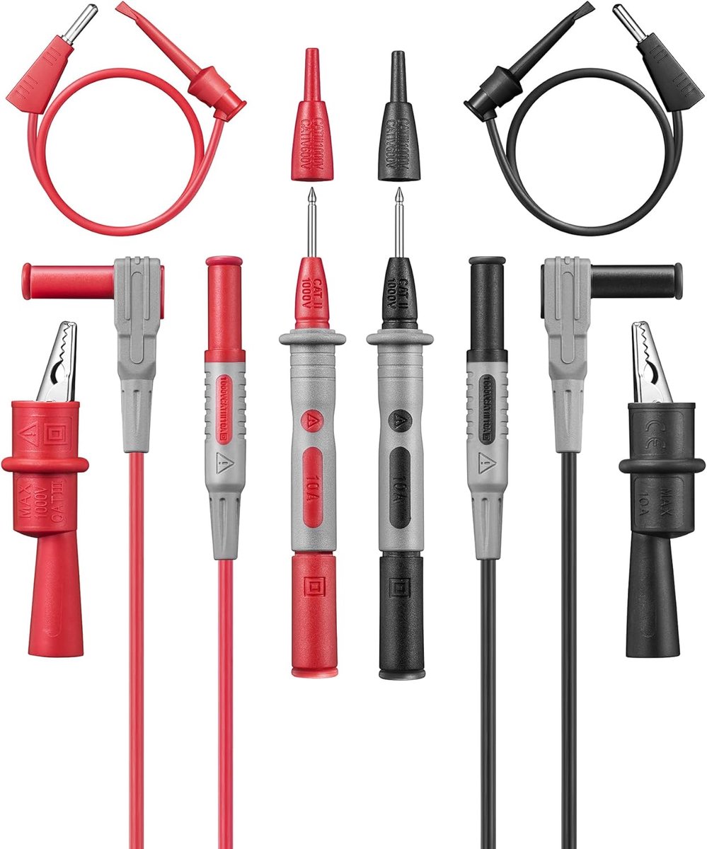 8-delige multimeter meetsnoeren set met krokodillenklemmen, mini-haken en testsondes voor voltmeter en klemmeter