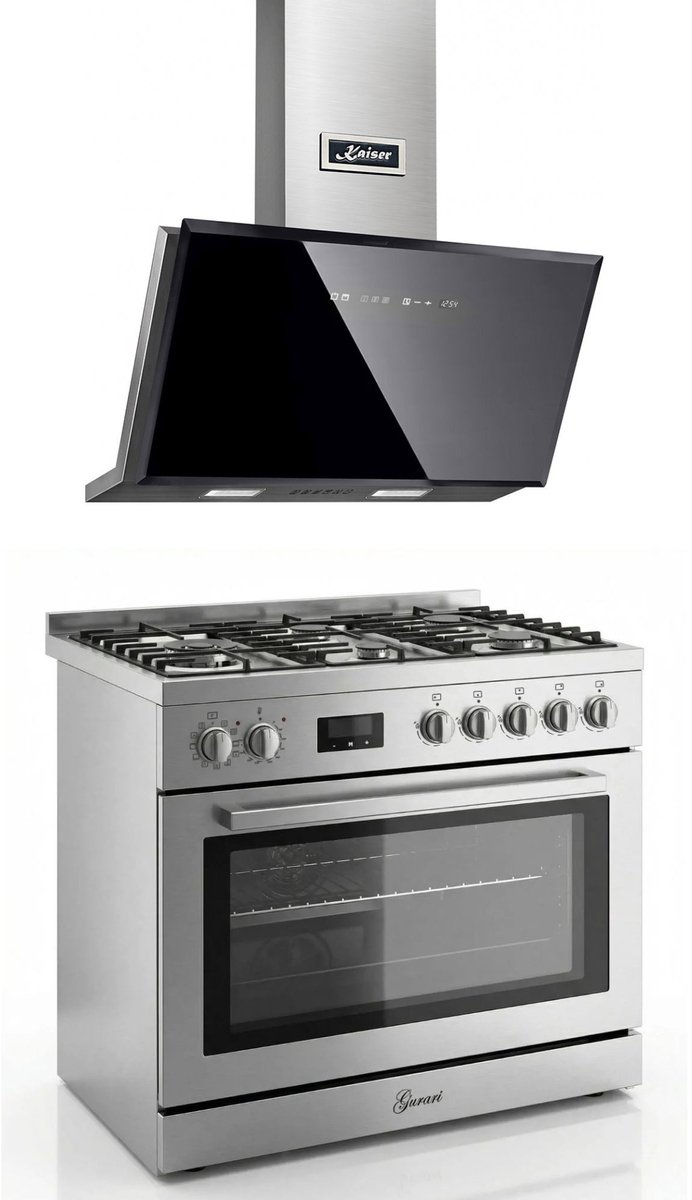 Gasfornuis Roestvrij staal Gas Elektro Fornuis 90 cm 126 L Aardgas Fl.Gas 4 Kw WOK, Zelfreinigend GCH E 818 X + +Afzuigkap 90 cm AT 9430 F