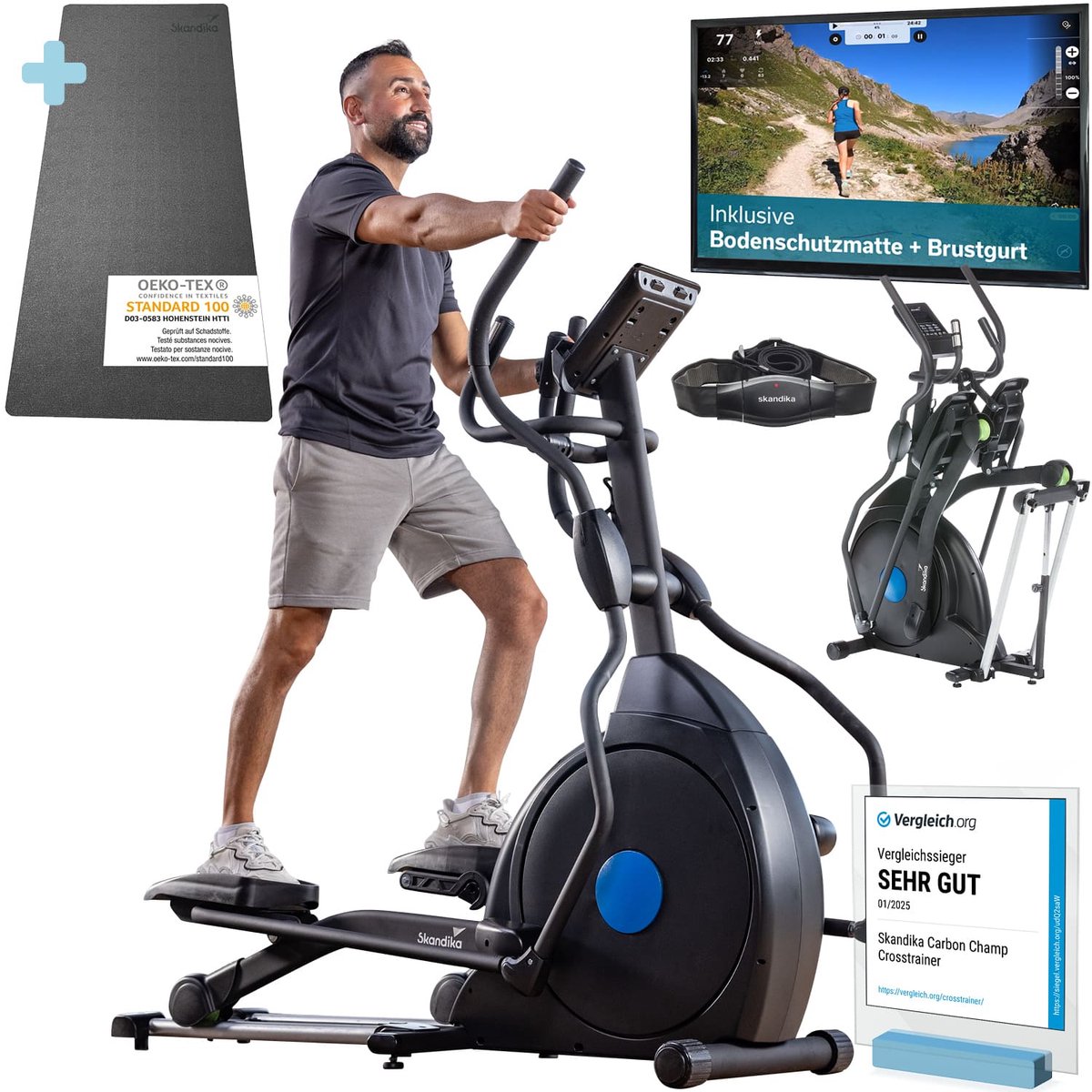 Skandika CardioCross Carbon Champ Elliptische Crosstrainer met beschermingsmat – Crosstrainers – Cardio trainer met 24,5kg vliegwielmassa en magnetisch remsysteem - Multifunctionele computer, Bluetooth, tablethouder, Kinomap - Tot 150kg – zwart