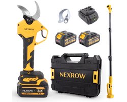 NEXROW® Elektrische Snoeischaar + Telescopische snoeisteel Incl. Opbergkoffer, 2x 4.0ah Accu’s en reserve snoeimessen - 40mm Snijdiameter - Professioneel Heggenschaar op Batterij - Draadloos Elektrisch Takkenschaar - Tuinschaar