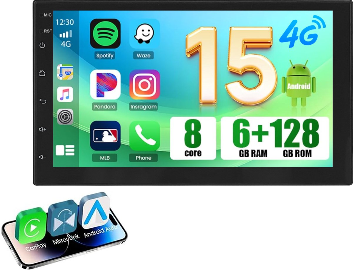 ESSGOO Autoradio 2Din Universeel - Android 15 - Apple Carplay & Android Auto (Draadloos) - 6+128GB - 7 Inch HD Touchscreen - GPS, FM/AM, 4G WIFI