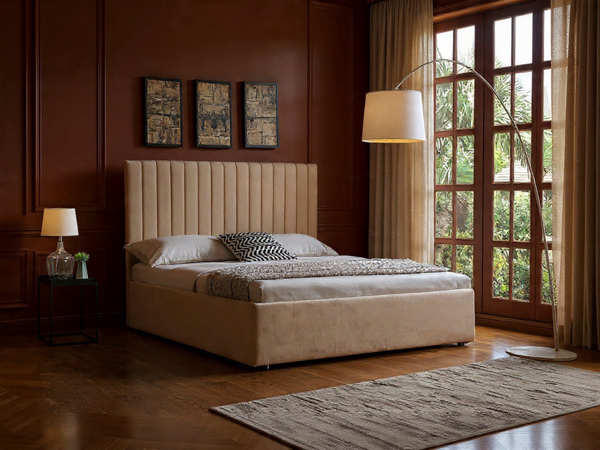 MIA Luxe Bed met Opbergruimte – 160x200 cm – Modern Beige Fluwelen Tweepersoonsbed met Lattenbodem, Gewatteerd Hoofdbord en Slimme Onderbedkast – Slaapkamer Meubel Zelfmontage-Novihome