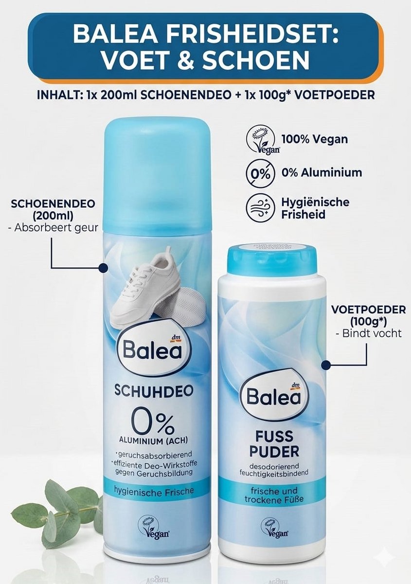 Balea Fresh Step Ritual Duo-Set - Schoenendeodorant & Voetpoeder - Anti Zweetvoeten & Schoenenspray - Geurvreter (200ml + 100g) - Vegan